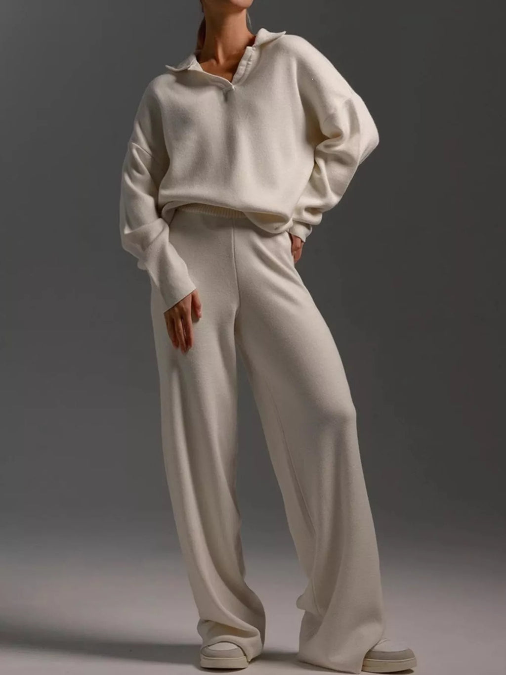 Polo Collar Top and Wide-Leg Pants Set