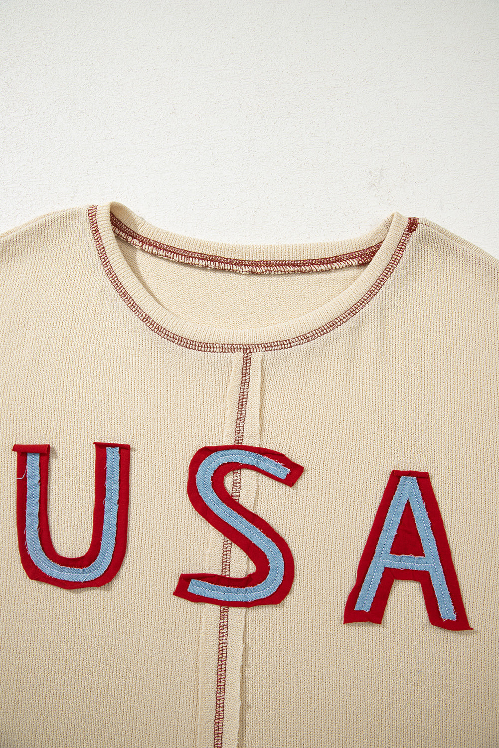 Beige USA Star Contrast Patchwork Exposed Seam Long Sleeve Top