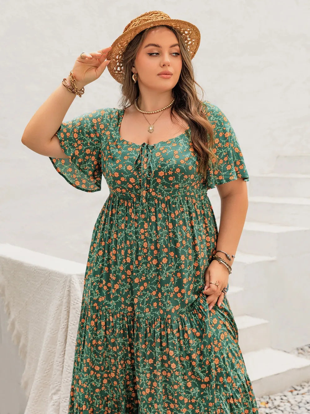 Printed Short Sleeve Tiered Maxi Dress