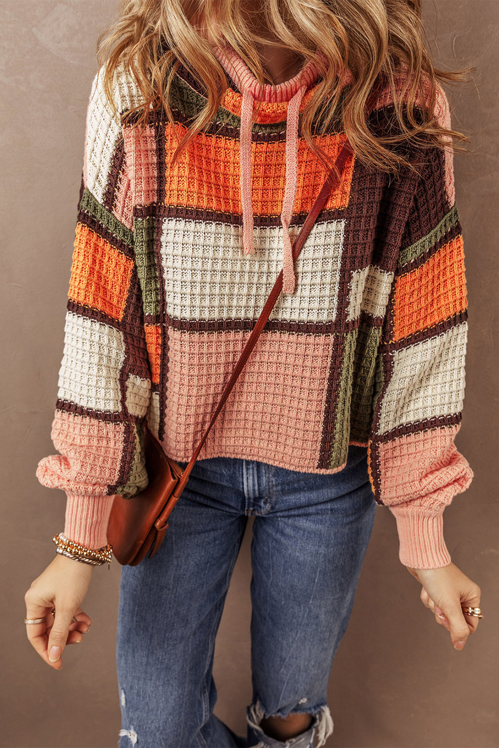 Colorblock Waffle Knit Drawstring Mock Neck Sweater