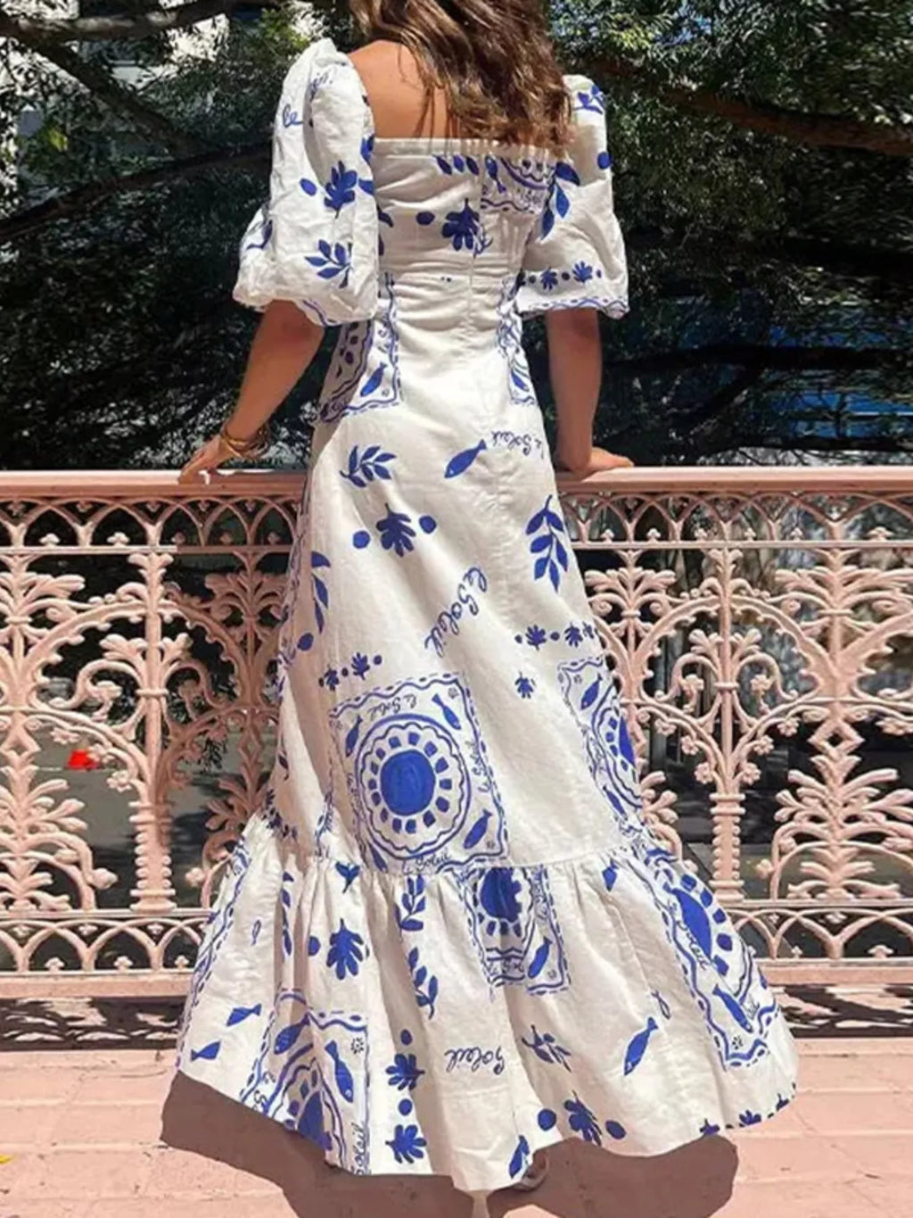 Full Size Floral Print Puff Sleeve Maxi Dress Plus Size