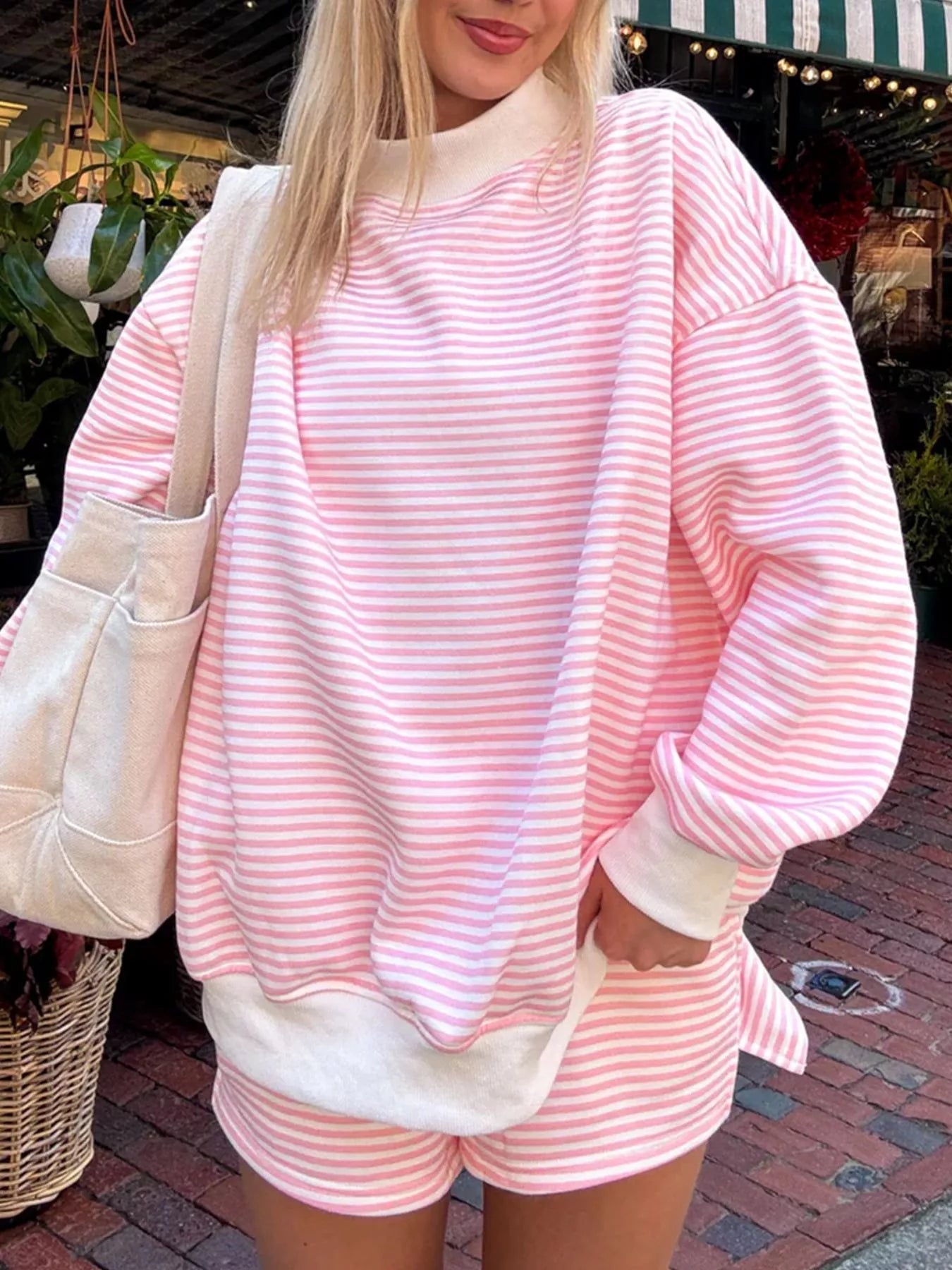 Striped Mock Neck Sweatshirt and Shorts Set