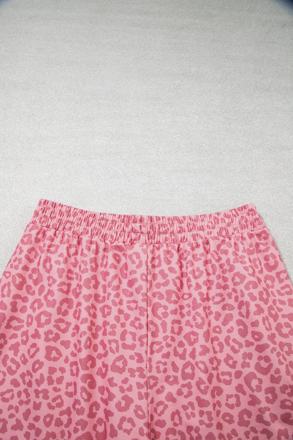 Pink Leopard Print Varsity Striped Detail 3/4 Sleeve Top Shift Pant Set