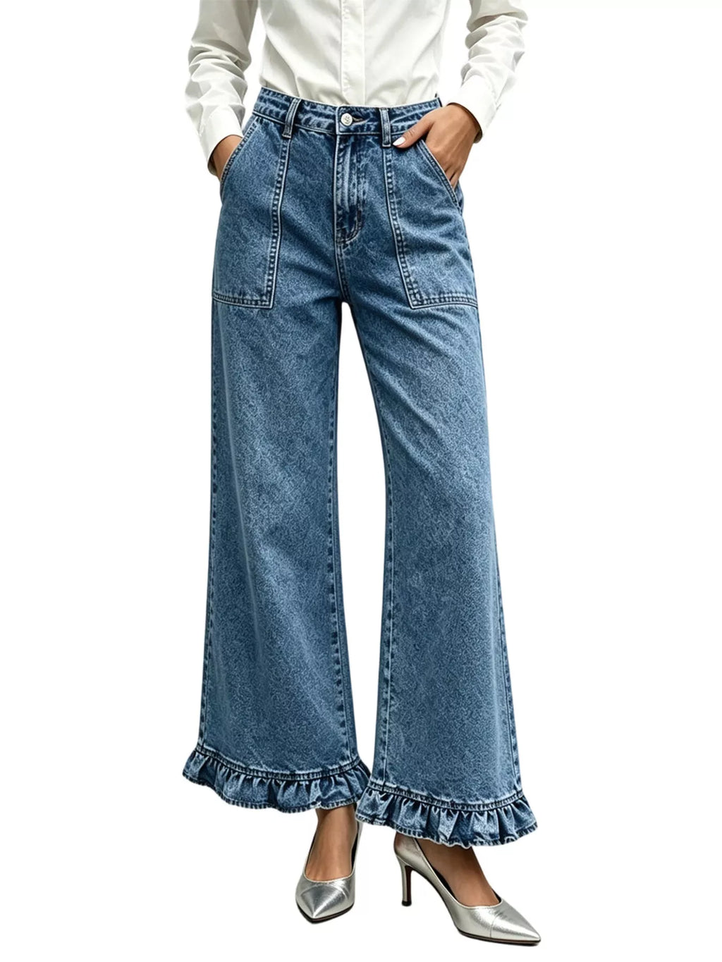 High-Waisted Wide-Leg Ruffle Hem Jeans
