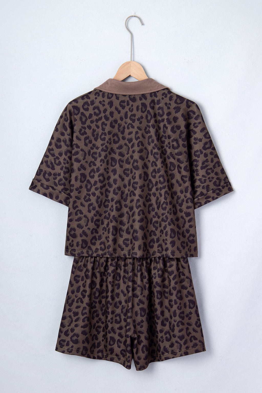 Leopard Collared V-Neck Top & Shorts Set