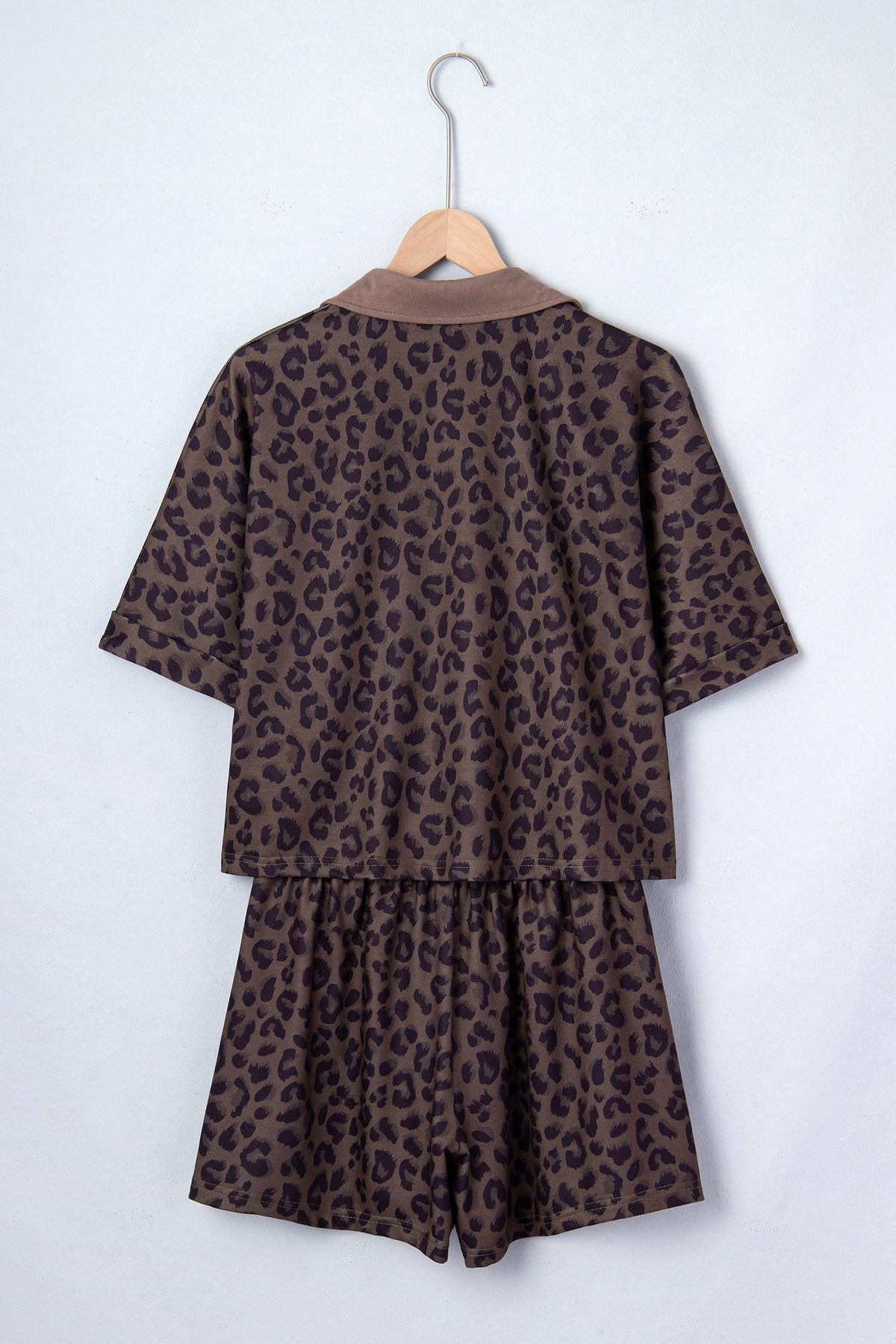 Leopard Collared V-Neck Top & Shorts Set