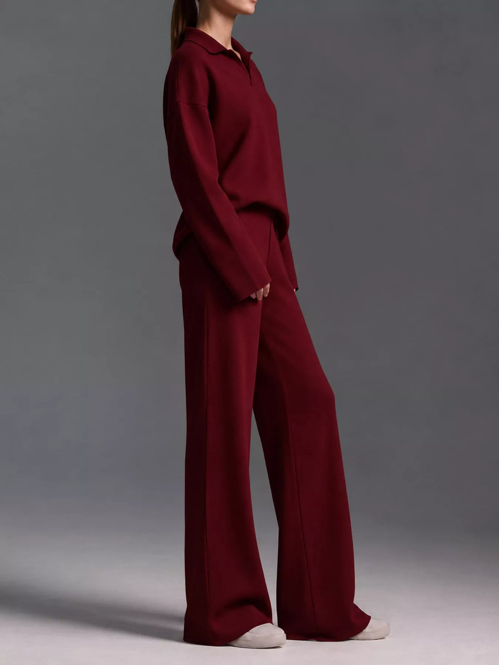 Polo Collar Top and Wide-Leg Pants Set
