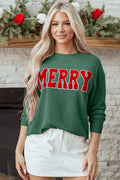 Evergreen Twisted Rib Outlined Merry Letter Graphic Loose Long Sleeve Top
