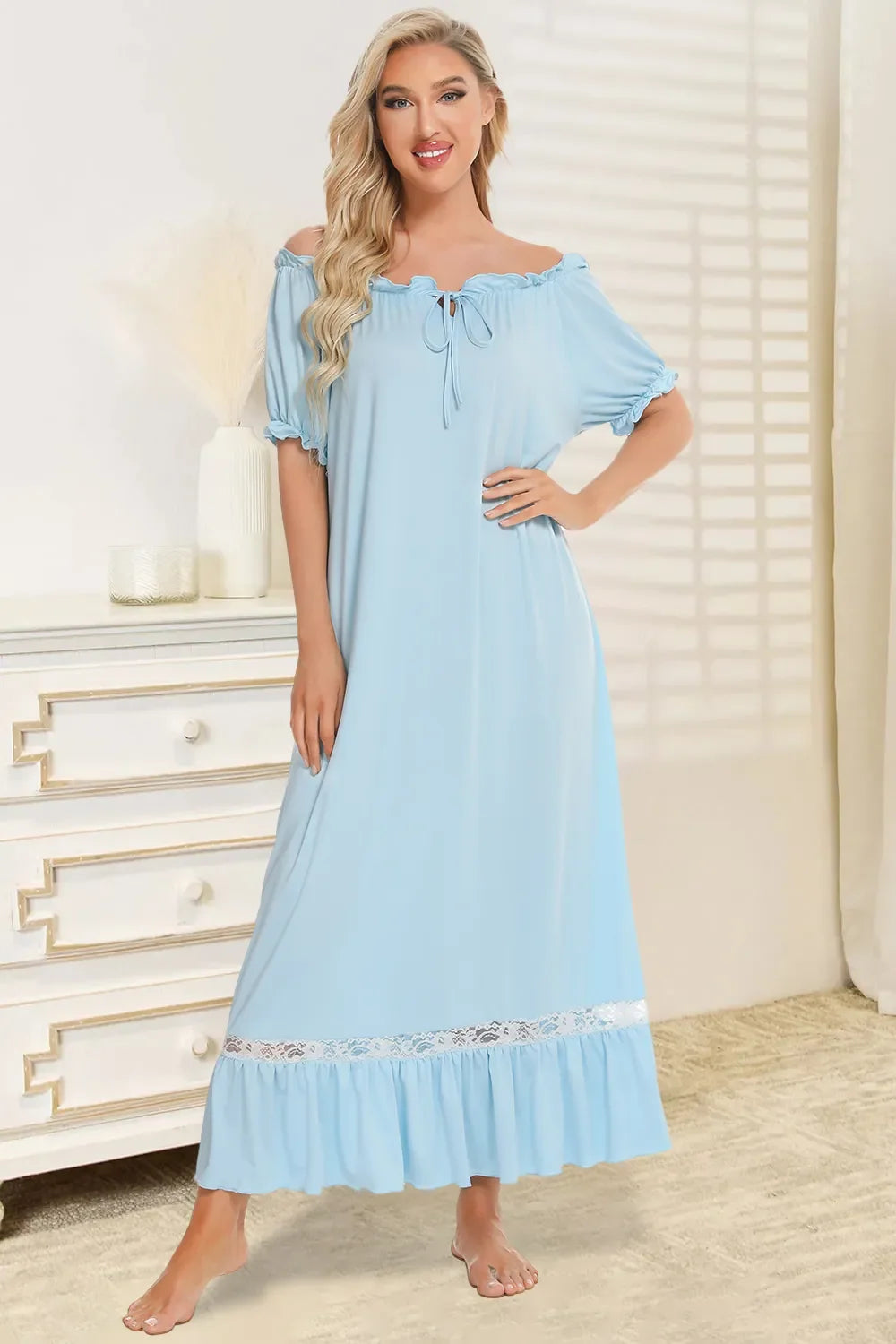 Lace Trim Off-the-Shoulder Short Sleeve Lounge Dress