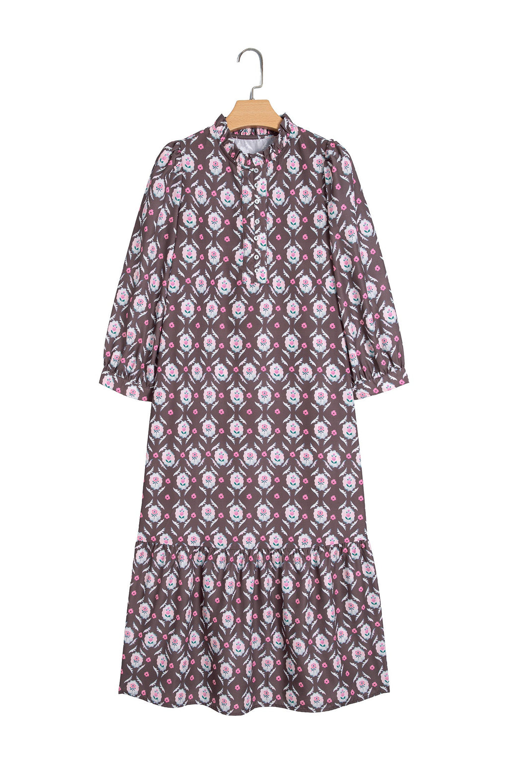 Brown Floral Print Button Front Ruffle Hem Midi Dress