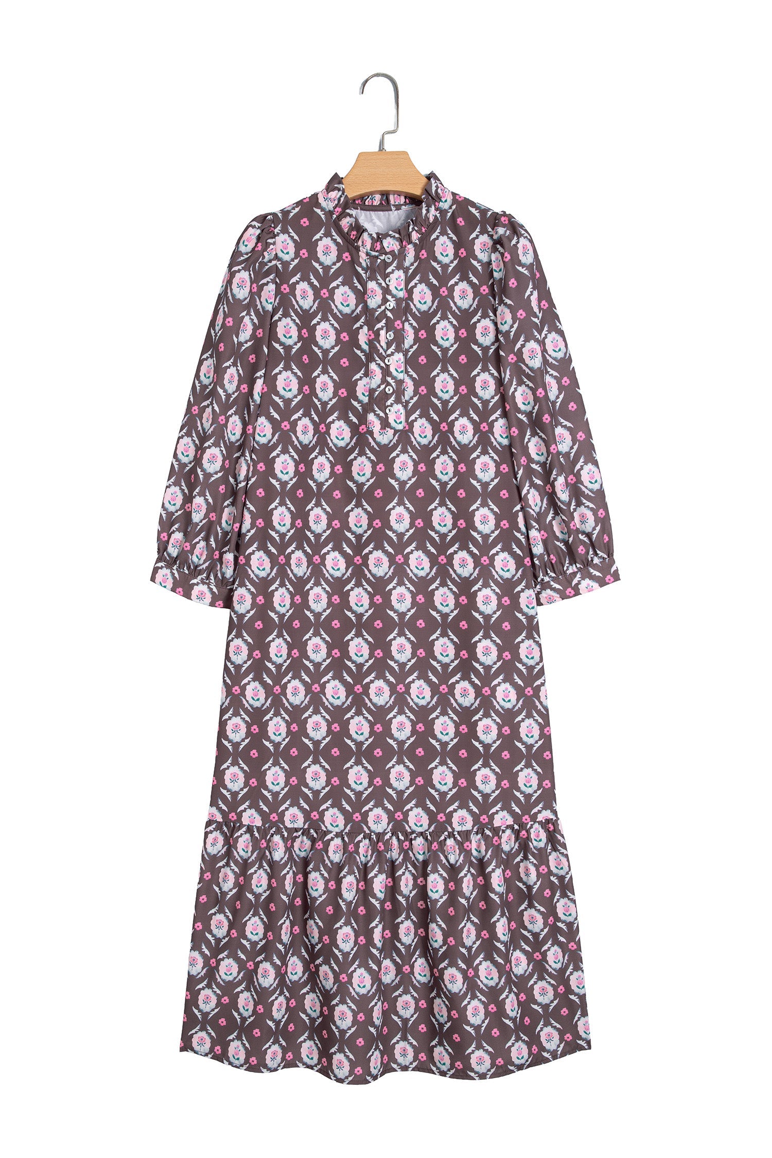 Brown Floral Print Button Front Ruffle Hem Midi Dress