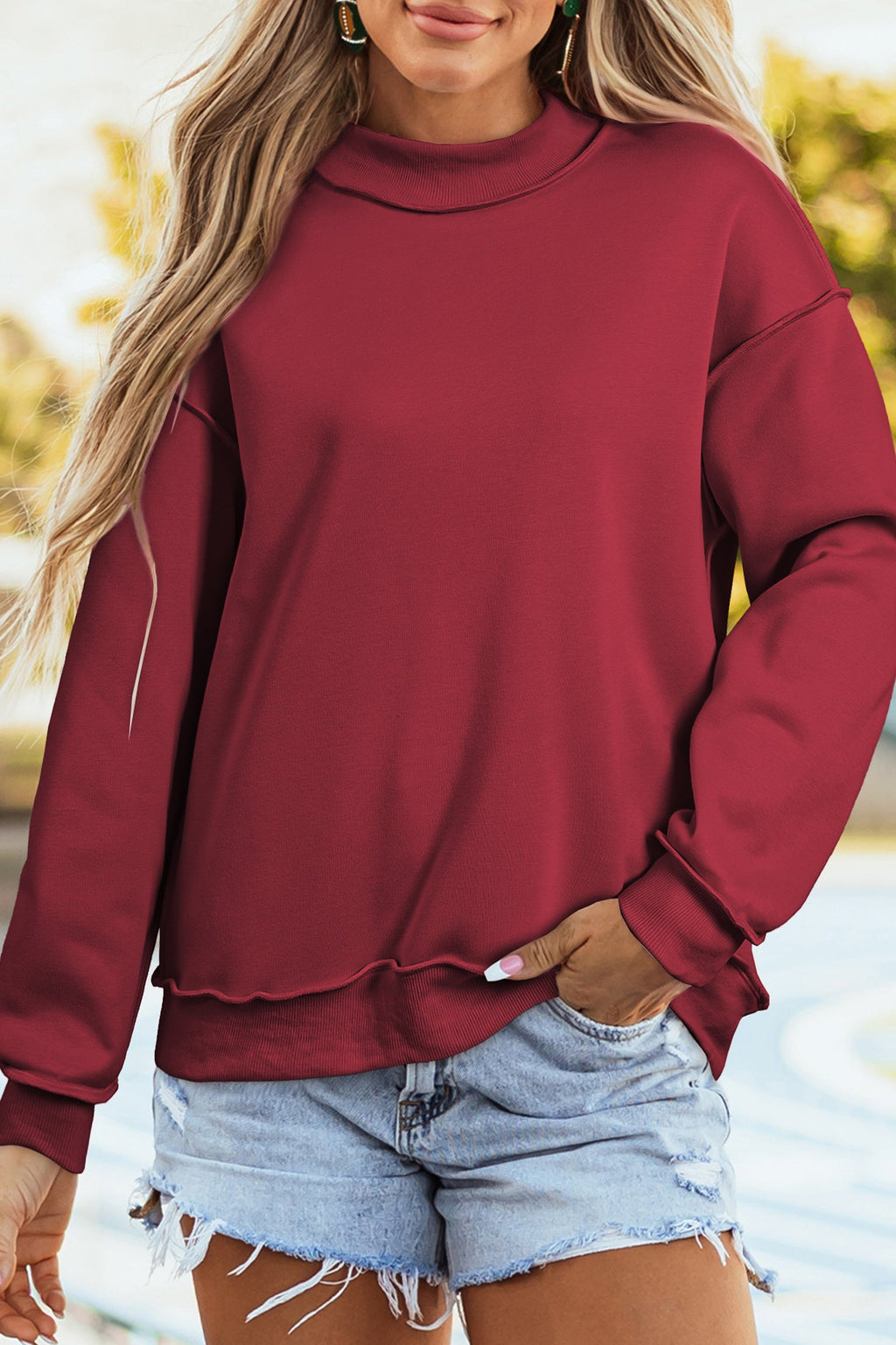 Light Pink Oversize Drop Shoulder Reversible Mock Neck Sweatshirt