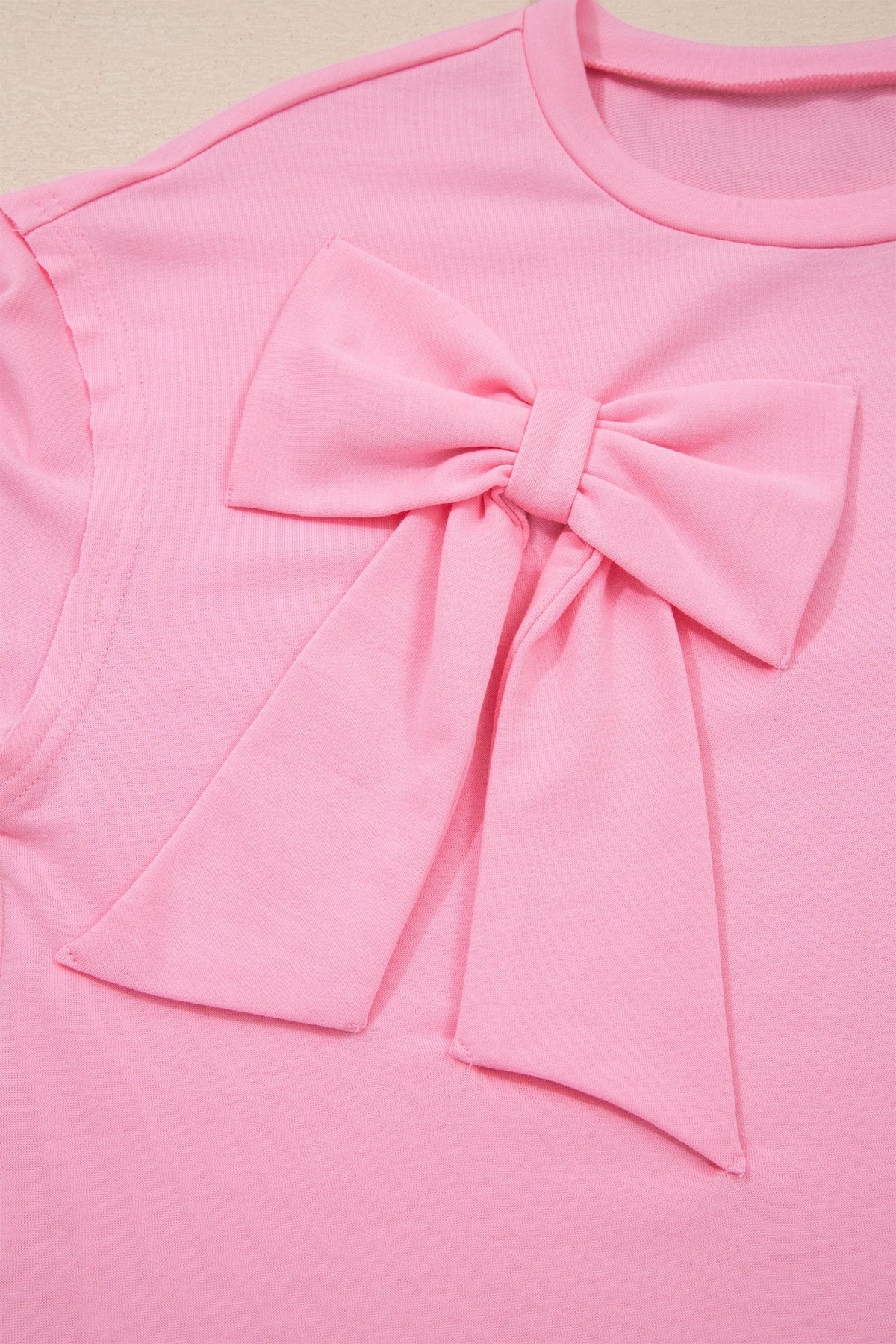 Solid Bow Patch Raw Edge Loose T-Shirt