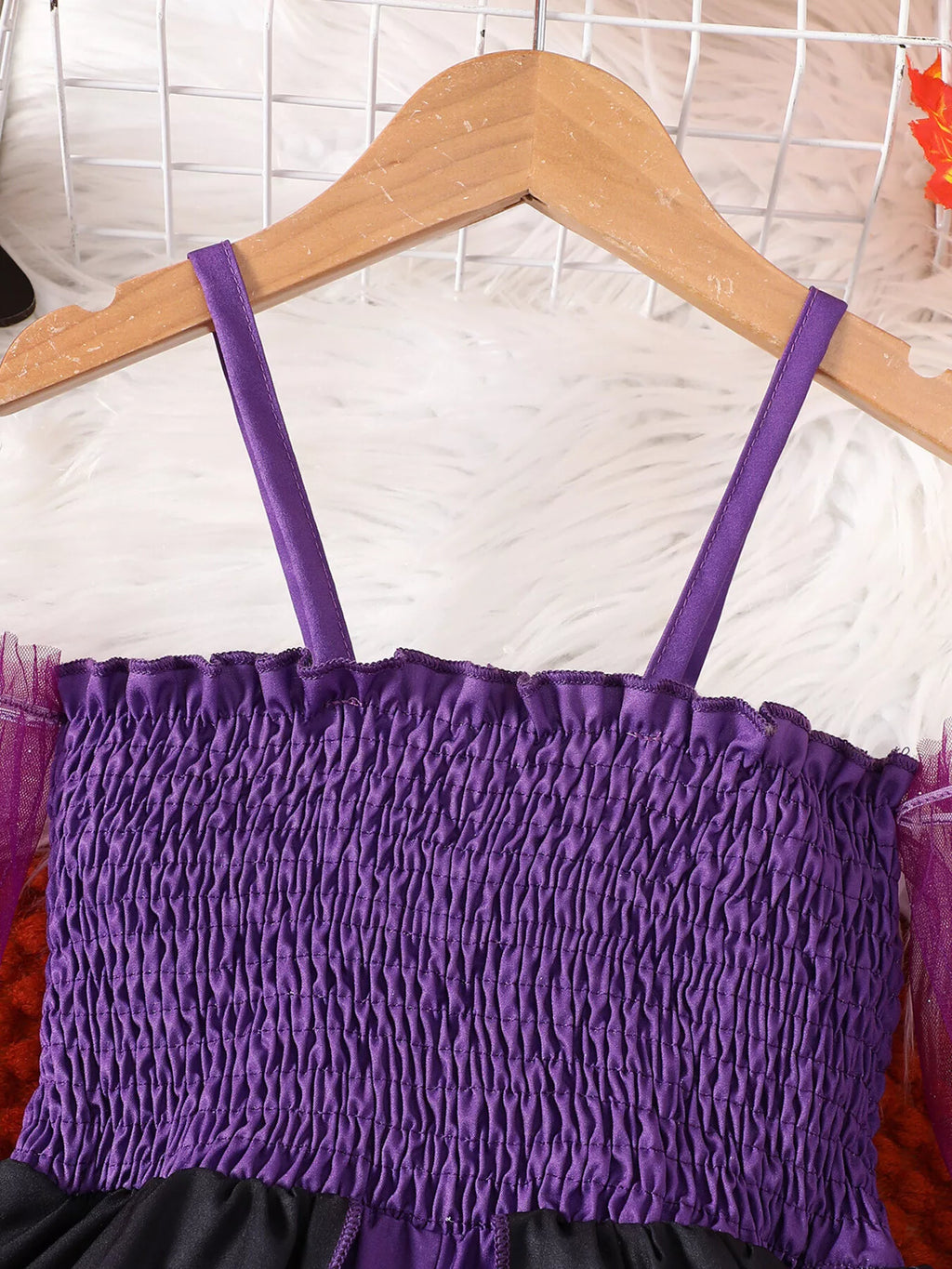 Children's Halloween Spaghetti Strap Romper with Tulle Sleeves and Starry Overlay