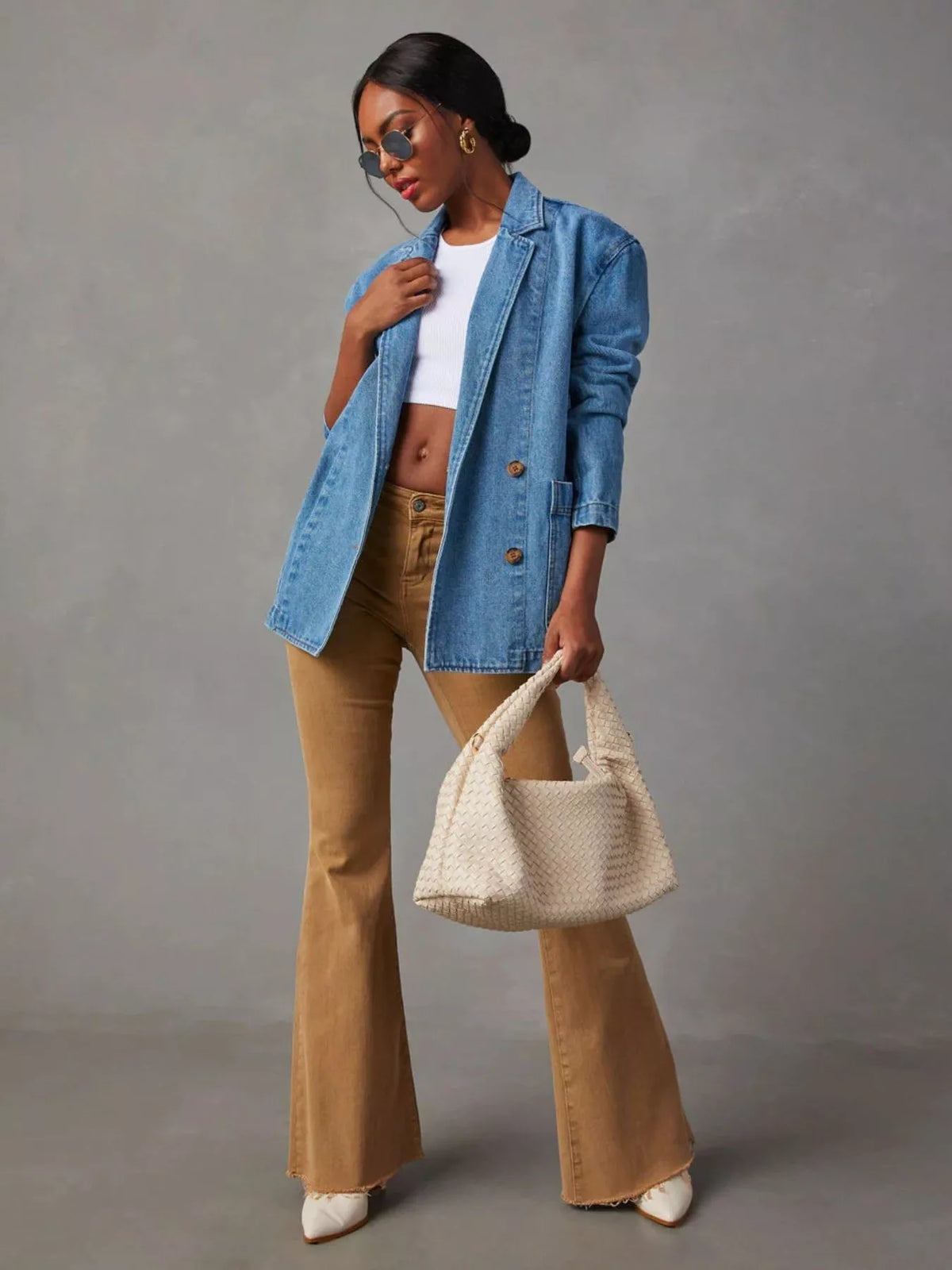 Classic Button Down Denim Blazer Jacket