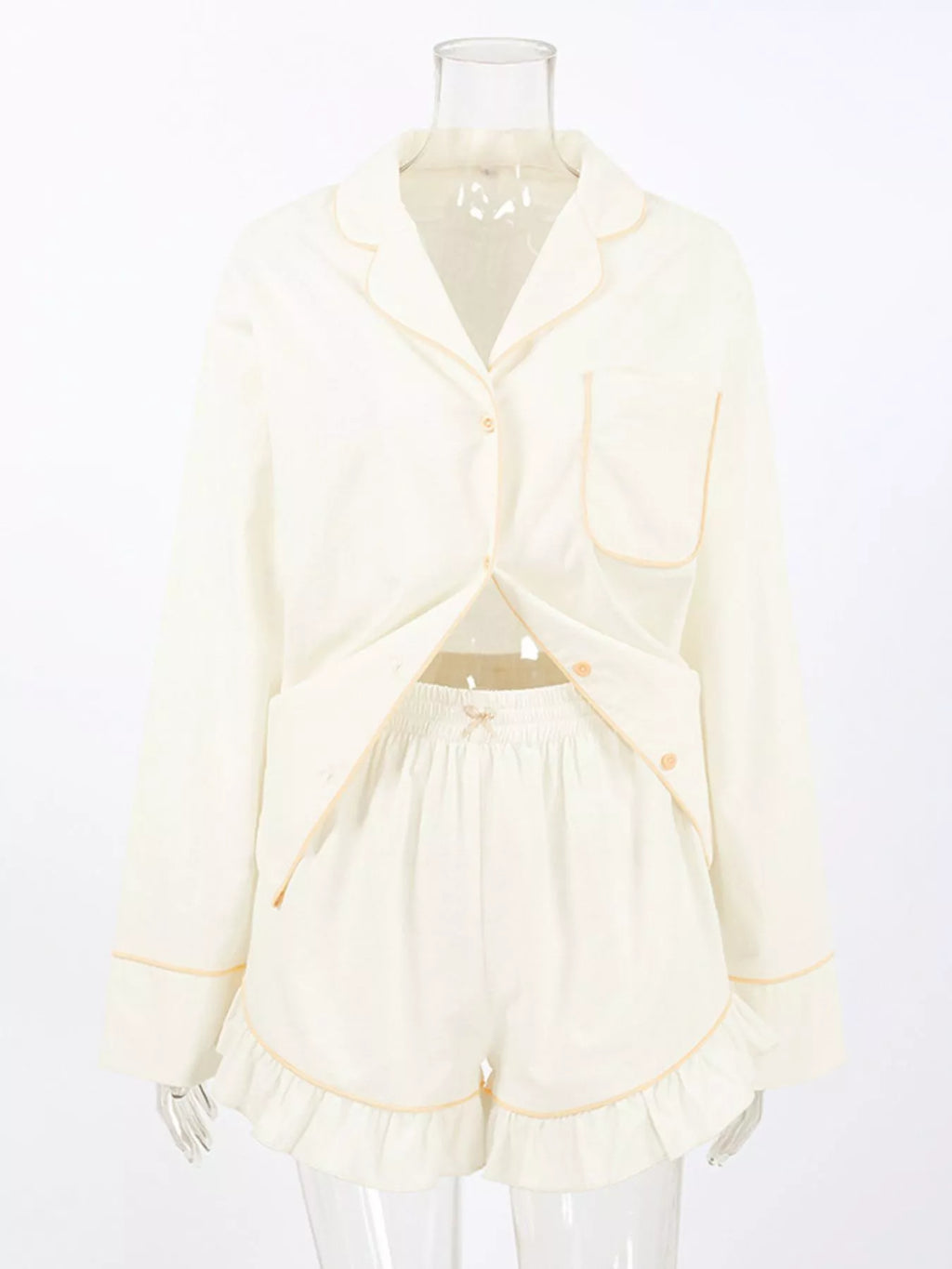 Contrast Trim Long Sleeve Top and Shorts Lounge Set