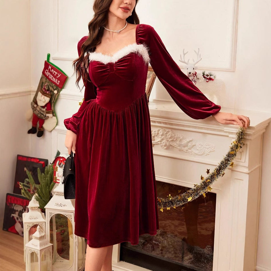 Women's Vintage Christmas Party Long Sleeve Red Velvet Dress Square Collar Dress Elegant Slimming Waist Autumn Women's Clothing