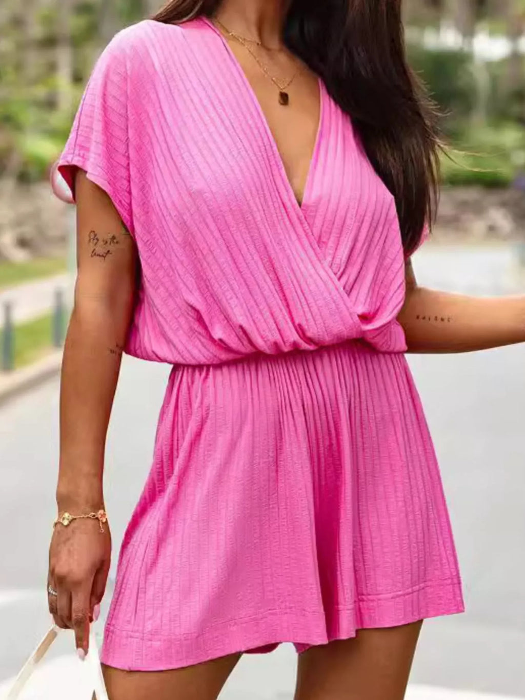 Short-Sleeve V-Neck Ribbed Romper