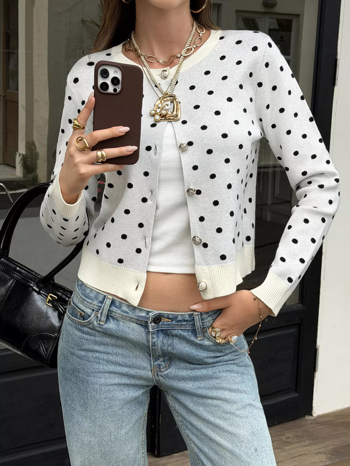 Polka Dot Button-Down Front Cardigan