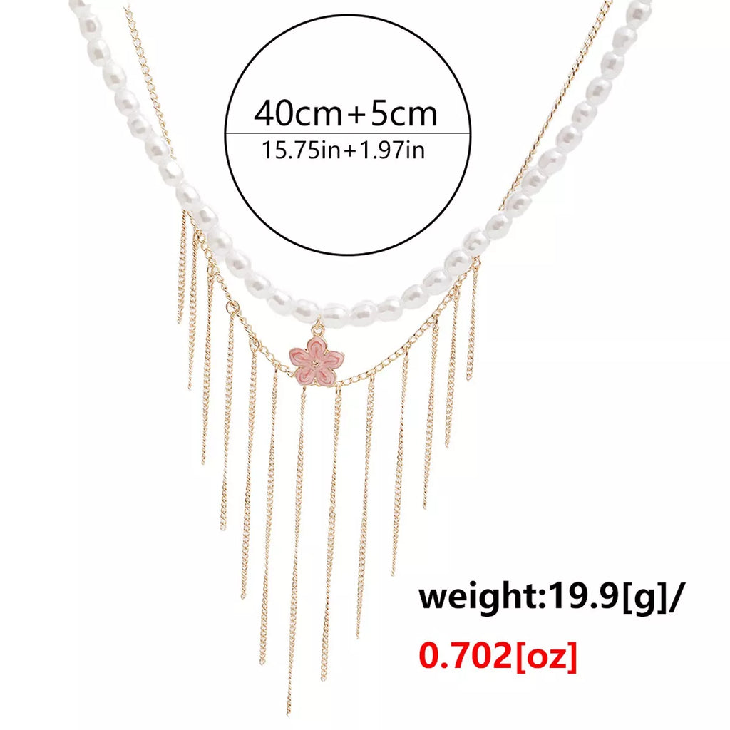 Elegant Pearl Choker Necklace with Flower Charm and Tassel Dangles