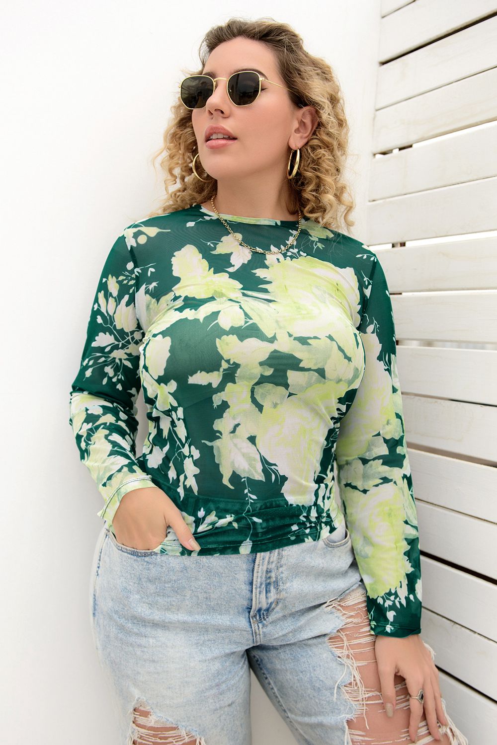 Printed Round Neck Long Sleeve Blouse