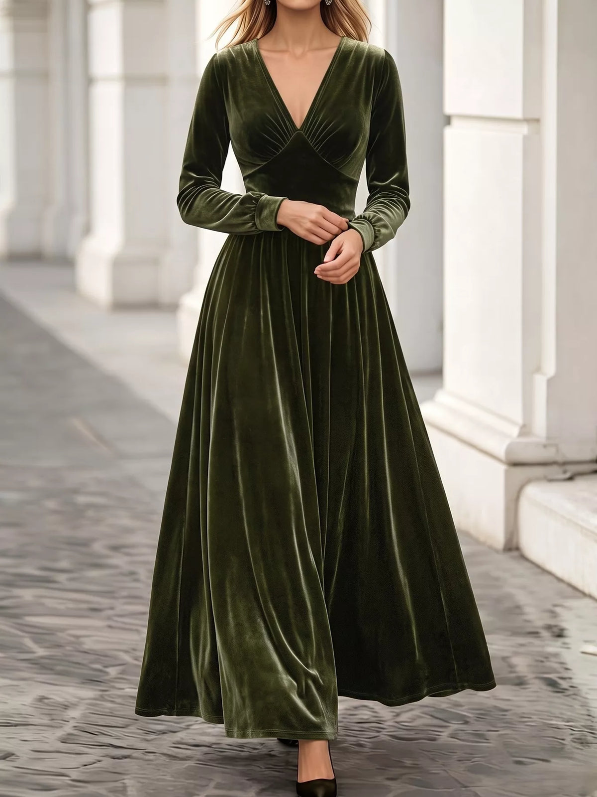 Plus Size V-Neck Long Sleeve Velvet Maxi Dress