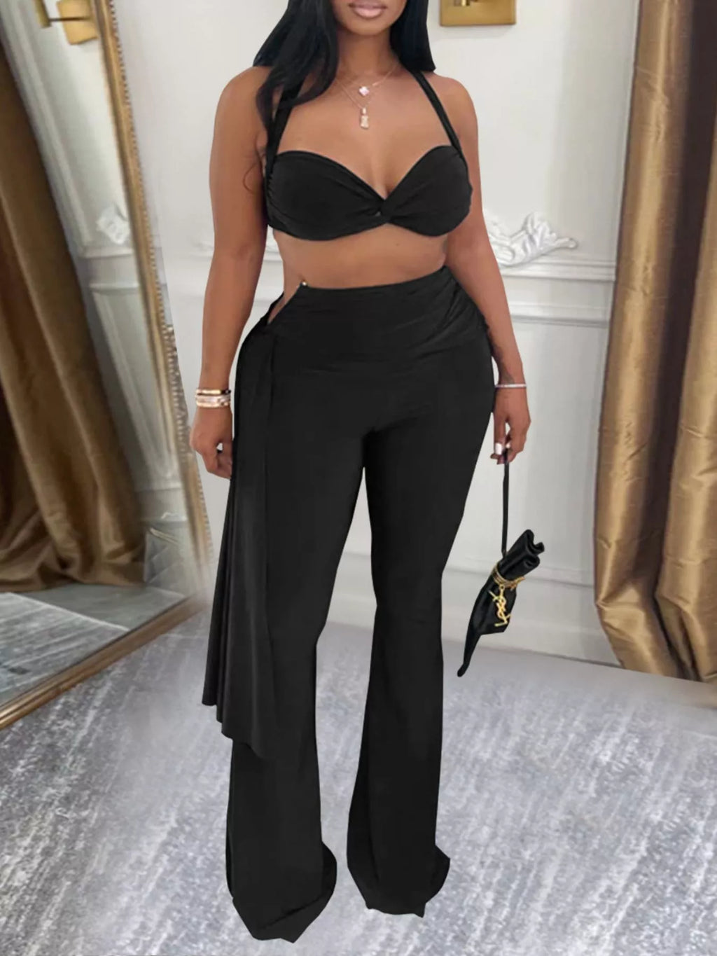 Halter Neck Top and Flare Pants Set