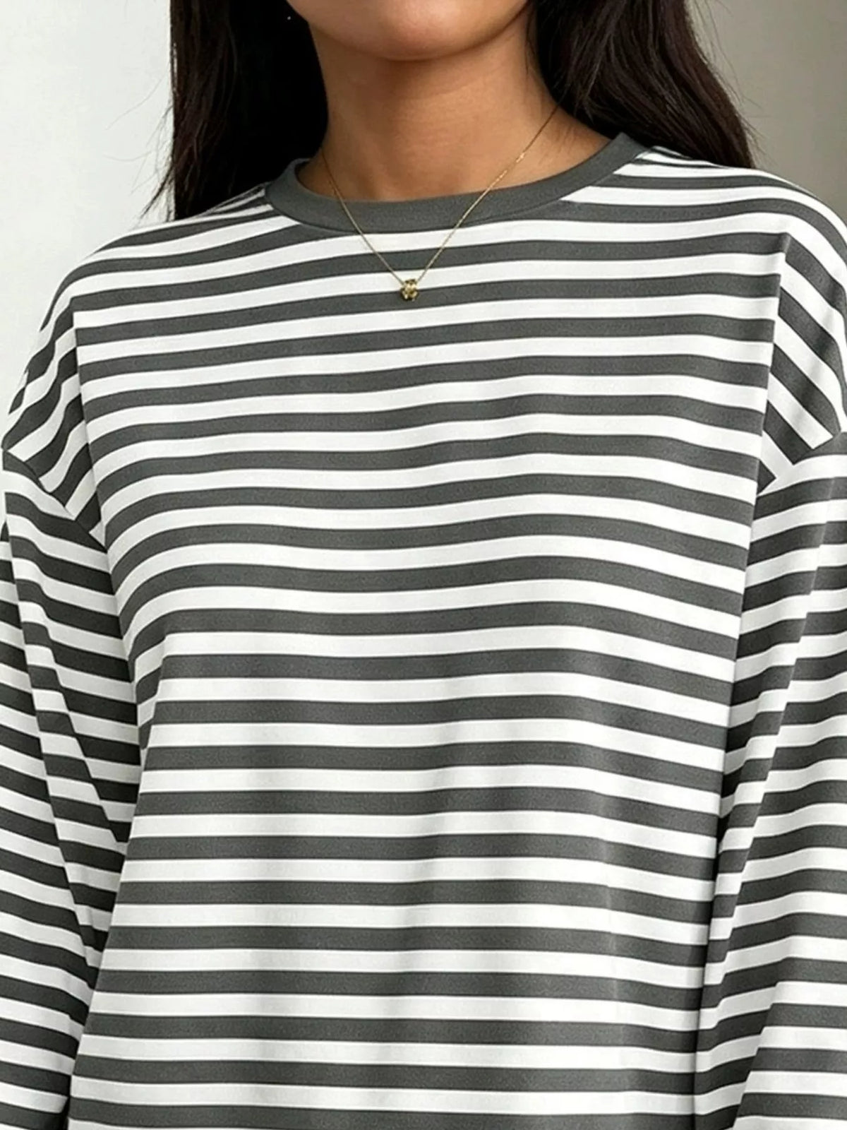 Full Size Casual Long-Sleeve Striped Crew Neck T-Shirt Plus Size
