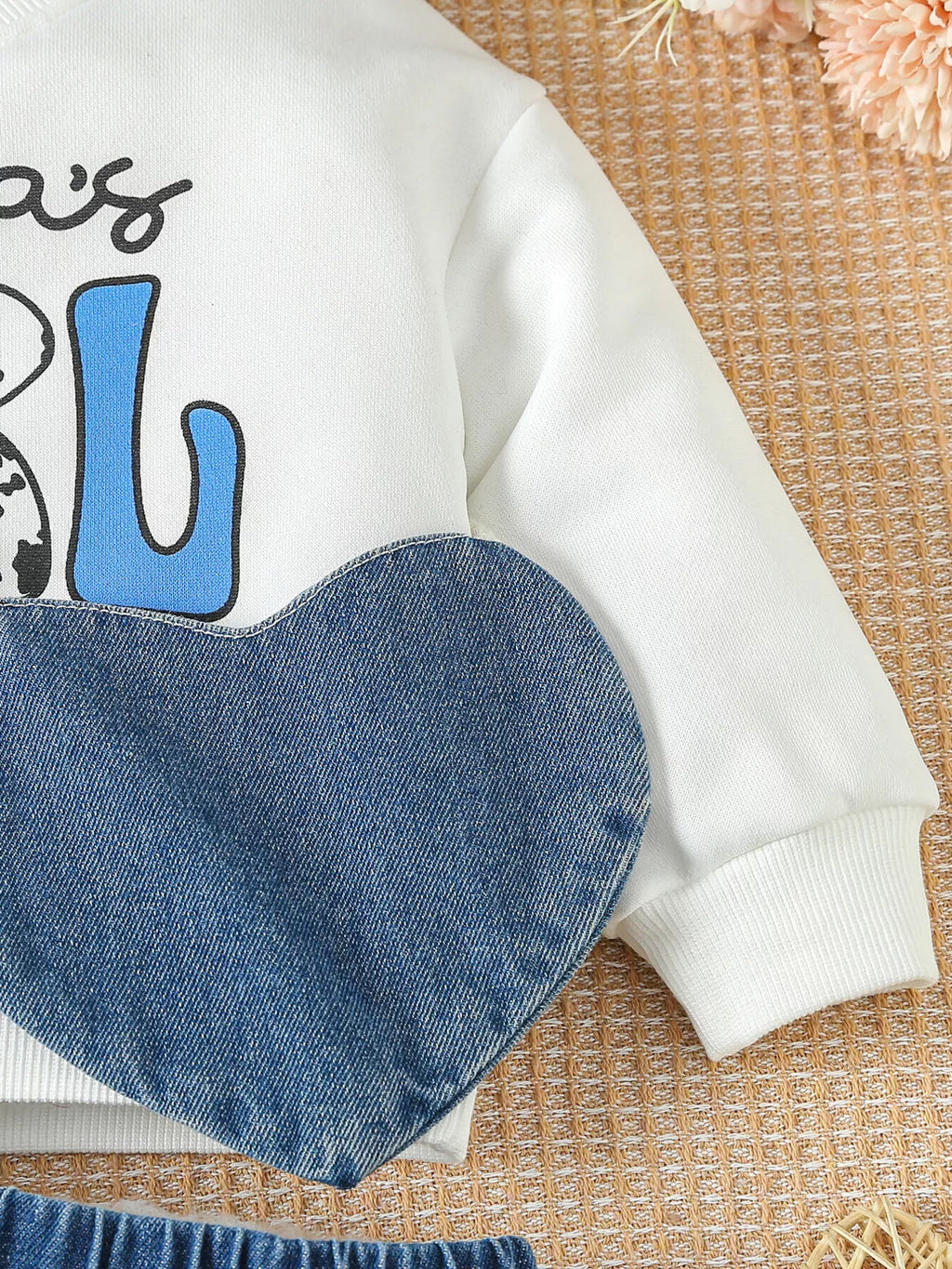 Children's Letter Long Sleeve Top and Denim Skirt Set with Heart Bag