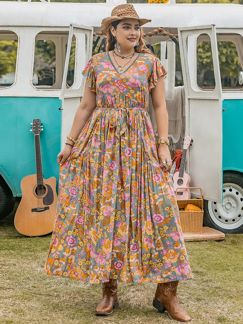 Ruffled Printed Cap Sleeve Dress