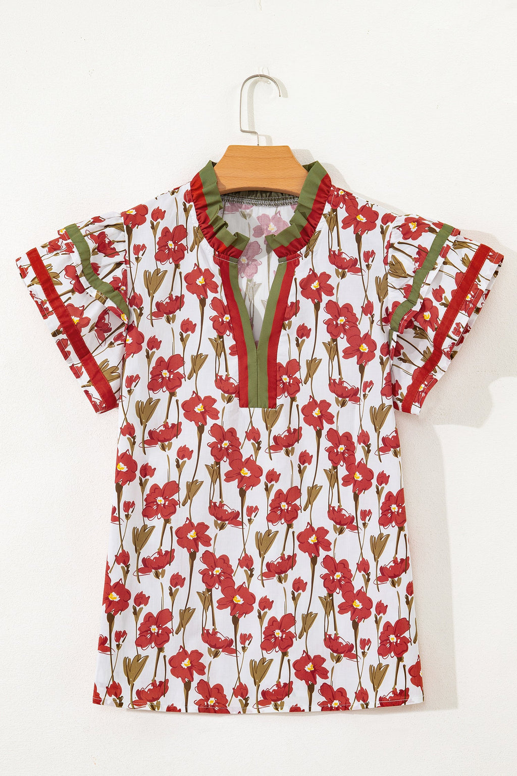 Red Floral Print Contrast Trim V Neck Double Ruffled Short Sleeve Blouse