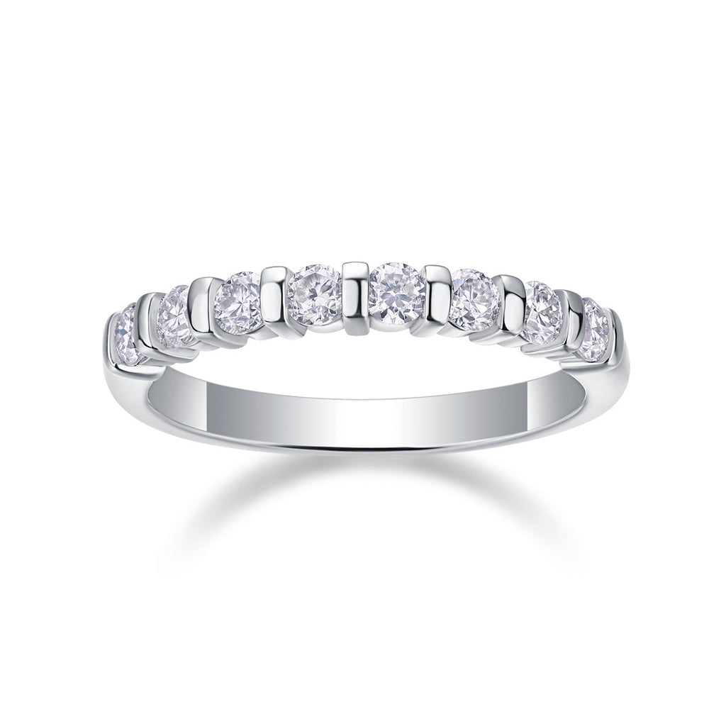 S925 Silver 2.1g Platinum Plated Moissanite Ring, 2.8mm 8pcs D VVS1 Half Eternity Band, GRA Certified US 5-9