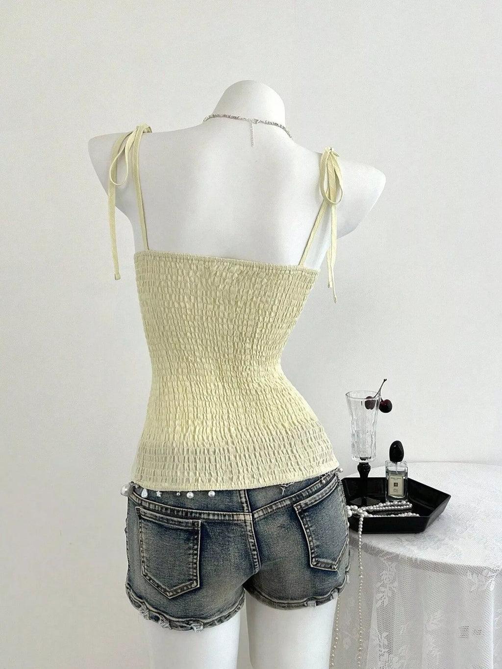 Lace-Trimmed Tie Shoulder Cami