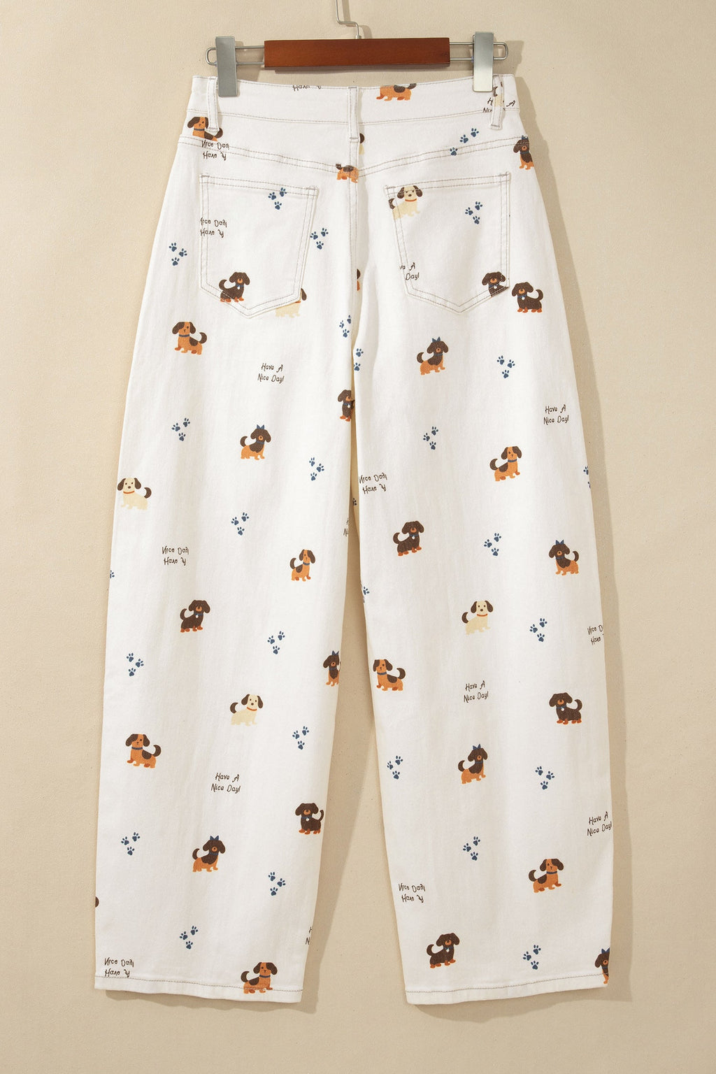 White Abstract Dog Print Wide Leg Full-Length Jeans