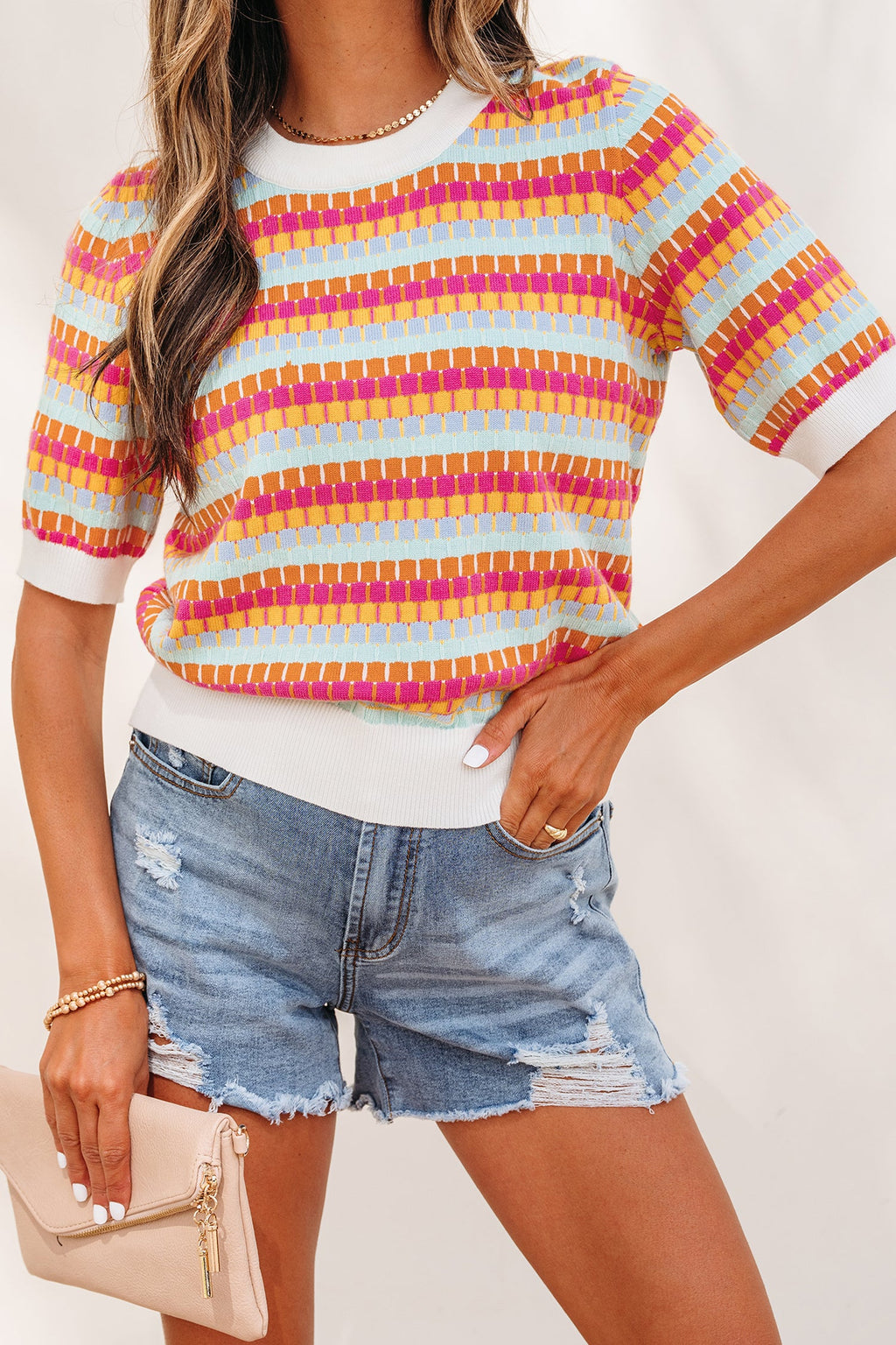 Orange Abstract Striped Knit Short Sleeve Sweater