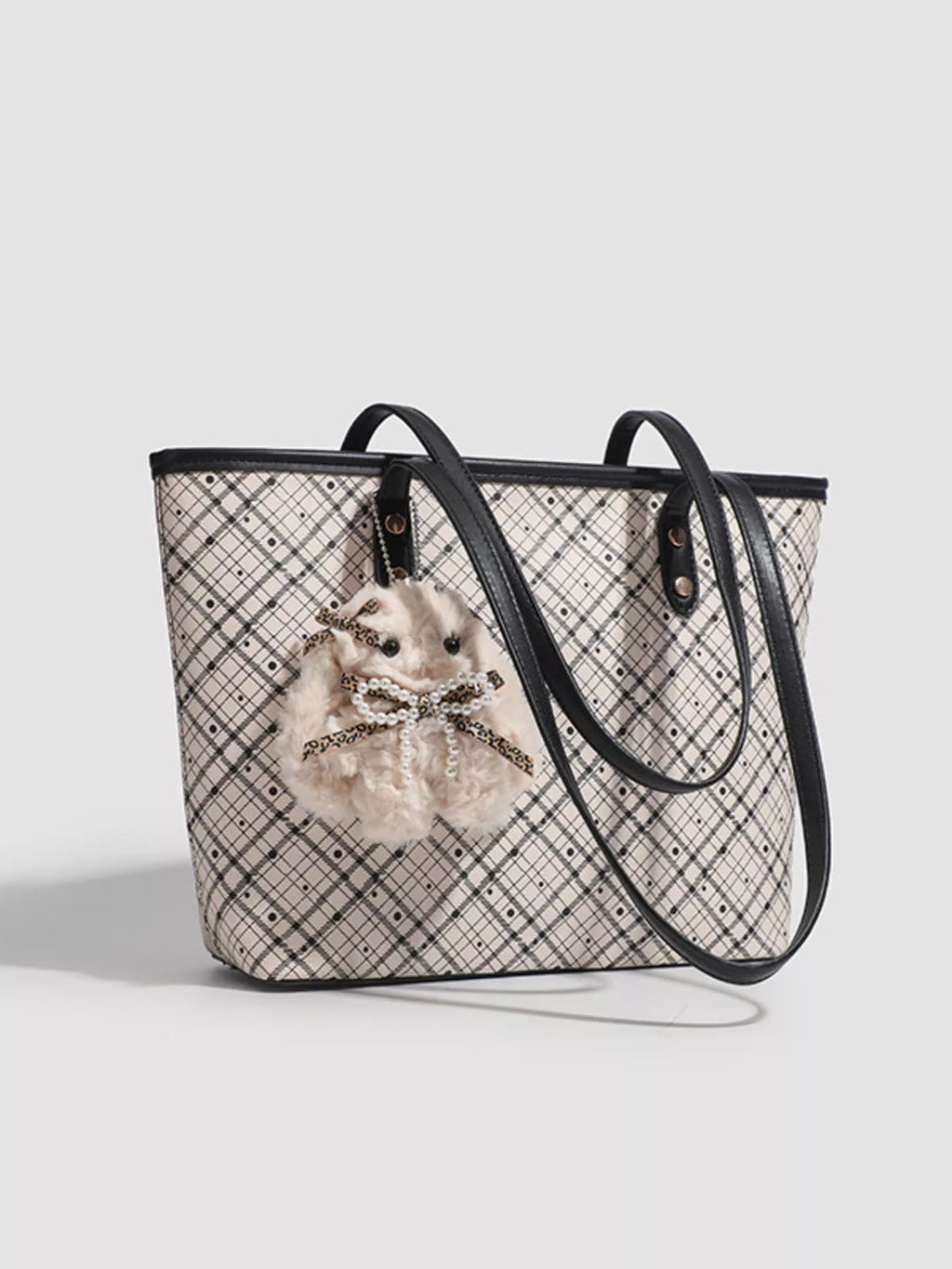 Plaid Tote Bag with Plush Charm