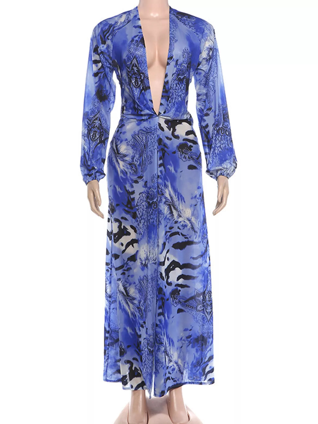 Deep V-Neck Long Sleeve Printed Maxi Dress