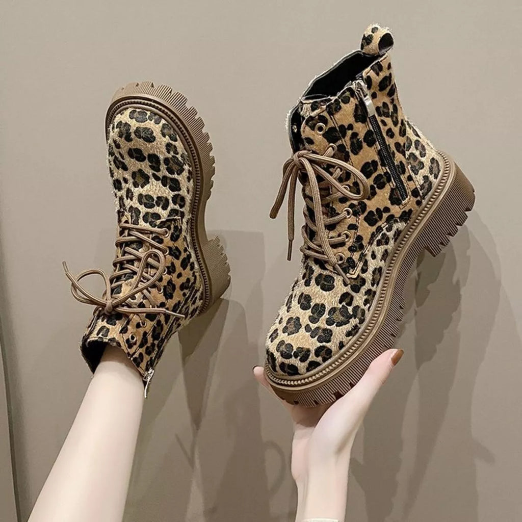 Animal Print Lace-Up Ankle Boots