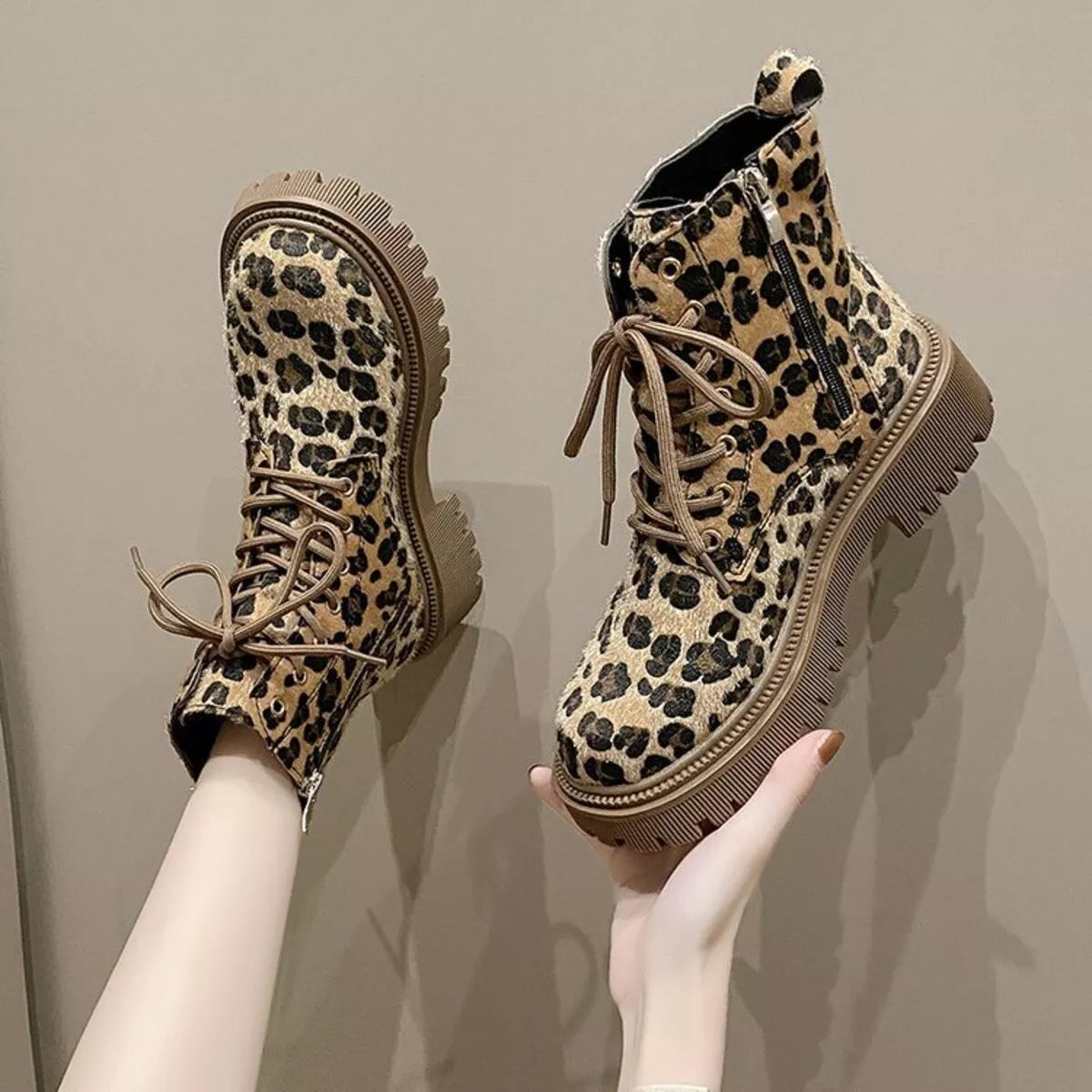 Animal Print Lace-Up Ankle Boots