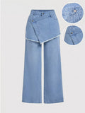 Asymmetric Raw Hem Wide-Leg Jeans