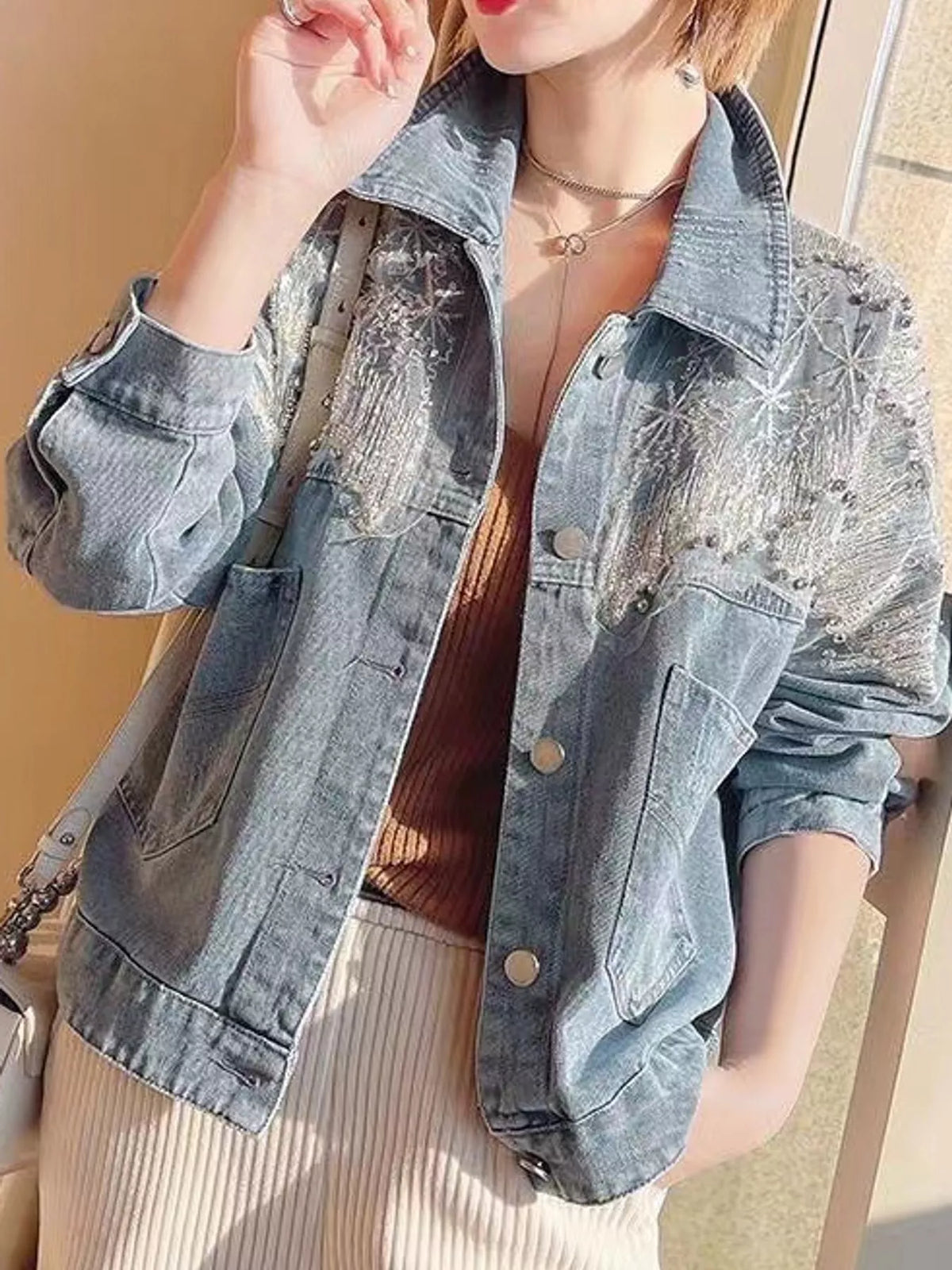 Embellished Rhinestone Snowflake Denim Jacket