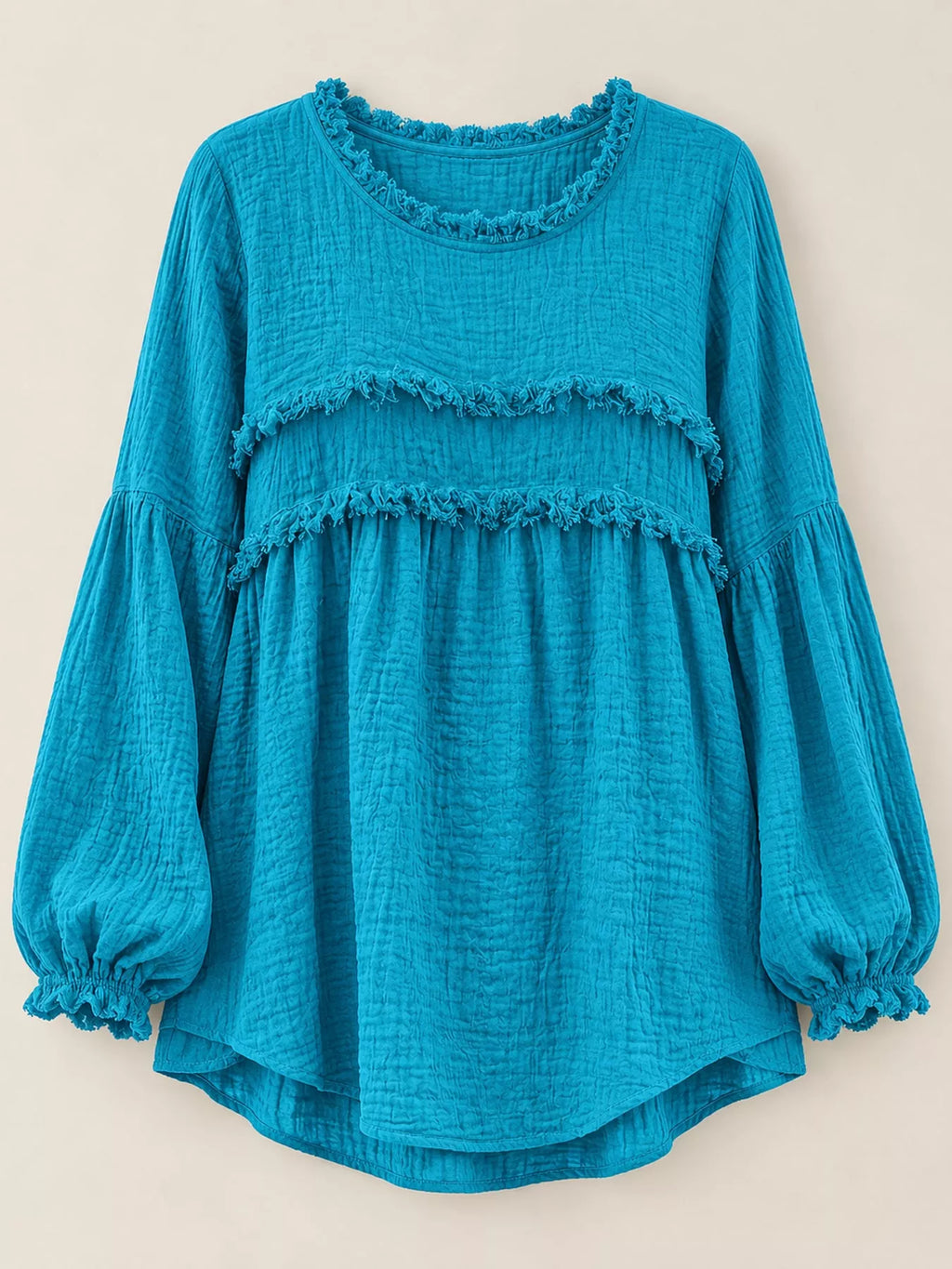 Full Size Boho Chic Textured Frayed Trim Peplum Blouse Plus Size