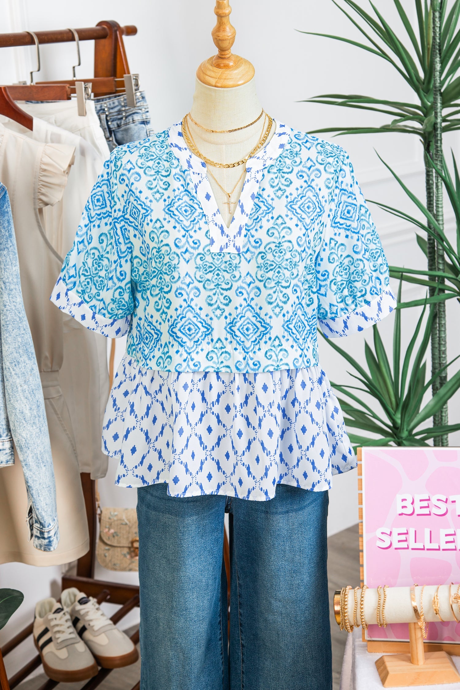 Sky Blue Boho Floral Geometric Patchwork Short Puff Sleeve Babydoll Blouse
