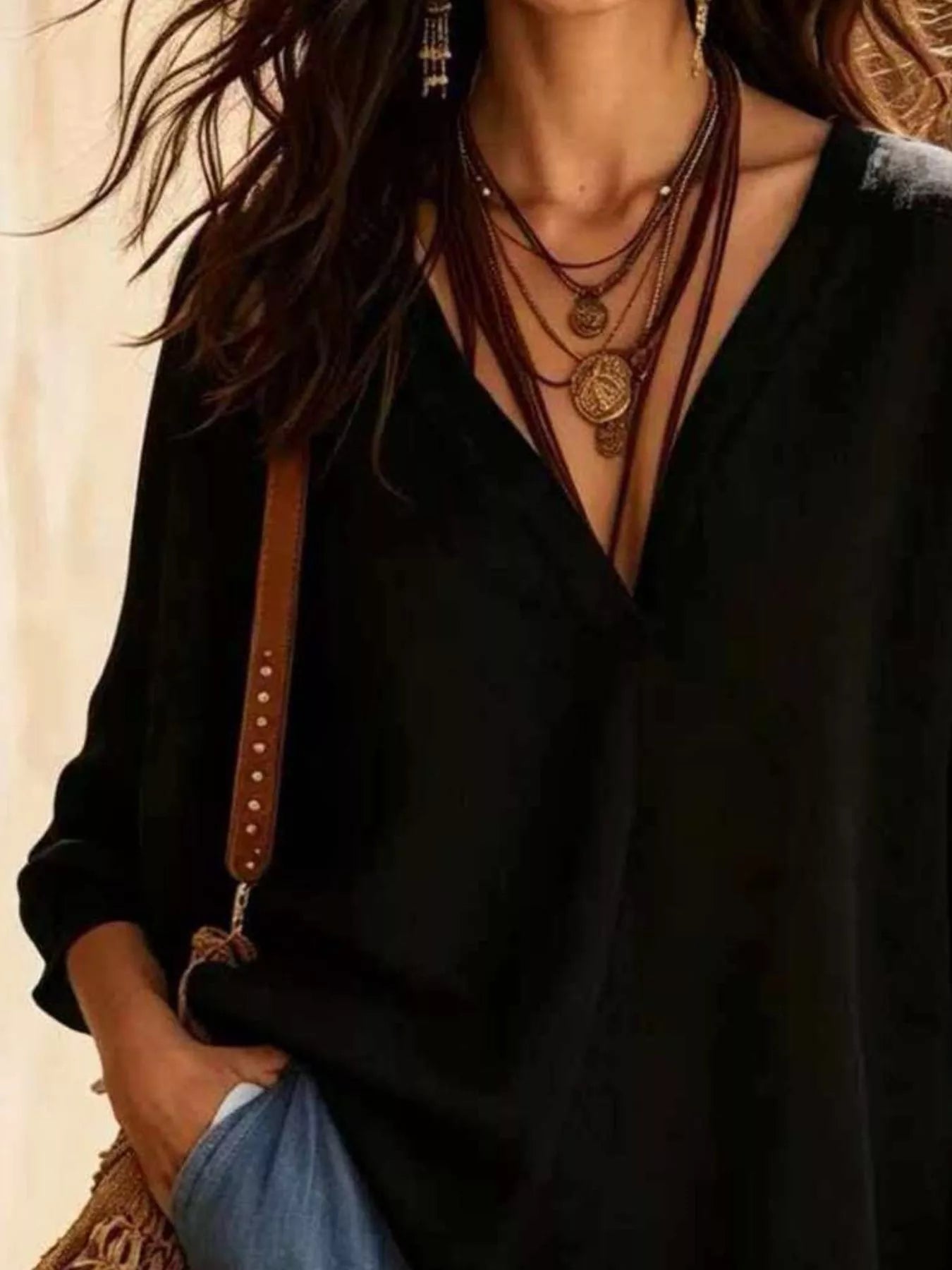 Full Size V-Neck Loose Fit Linen Blend Blouse Plus Size