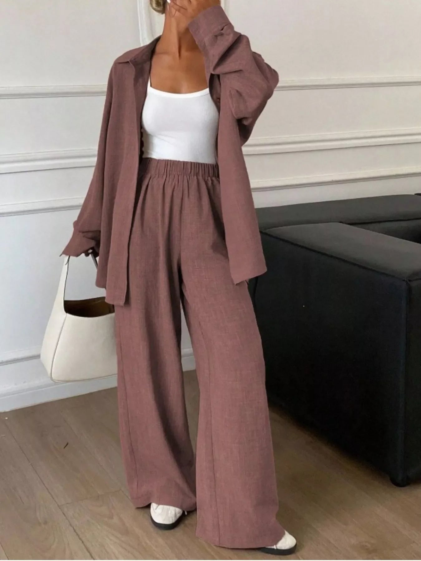 Button-Down Shirt and Wide-Leg Pants Set