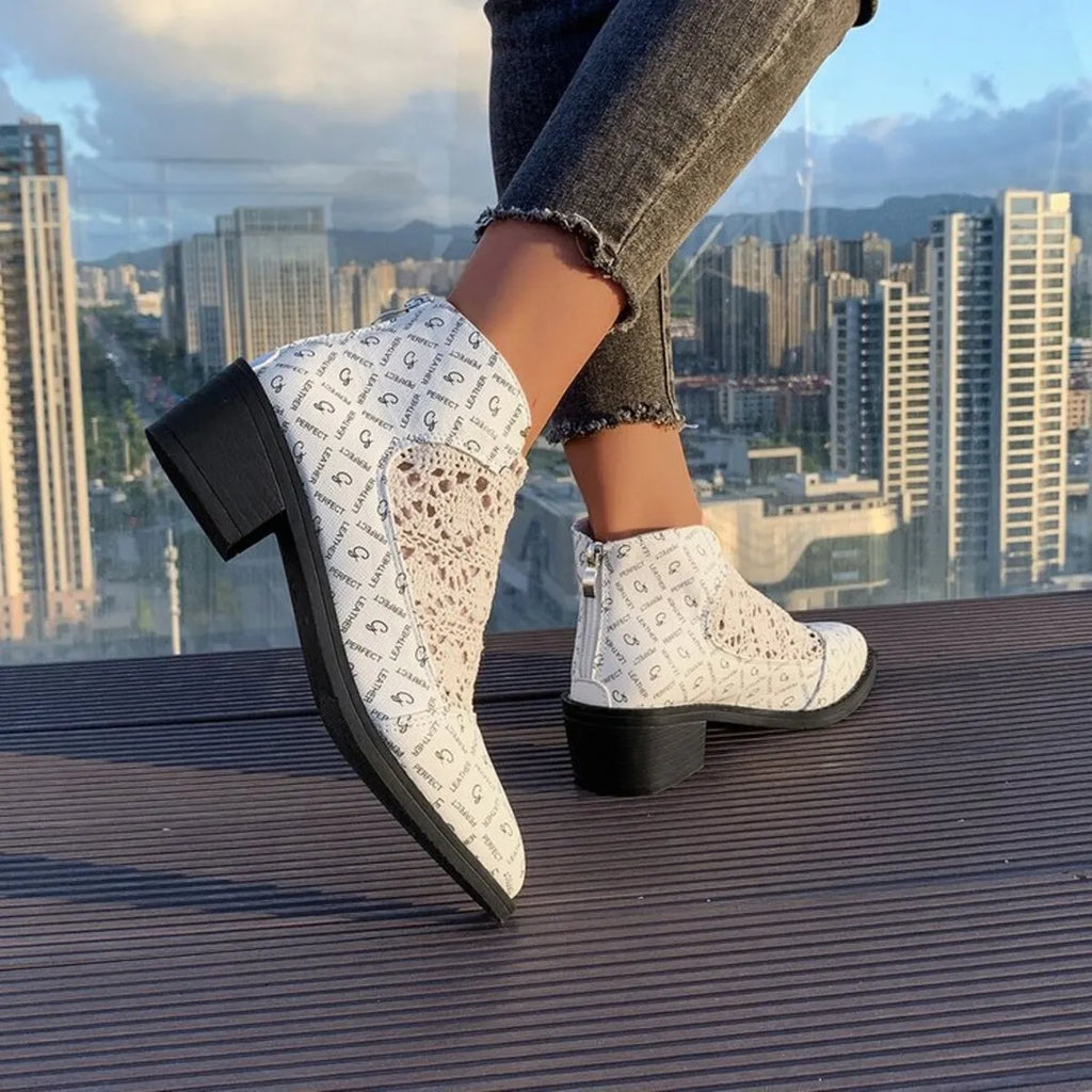 Printed Point Toe Block Heels Boots