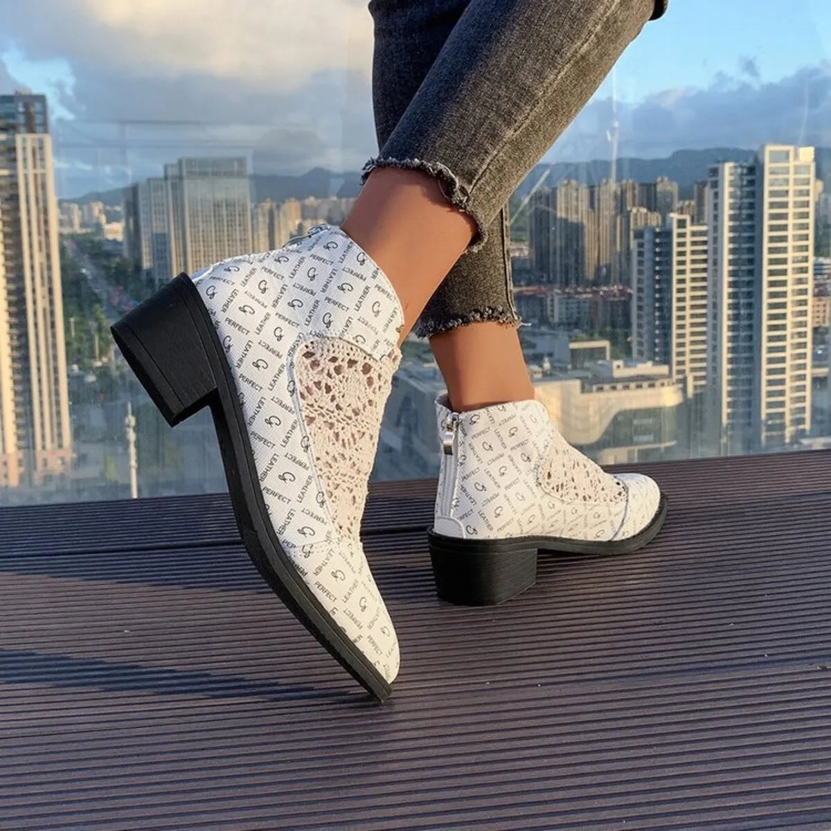 Printed Point Toe Block Heels Boots