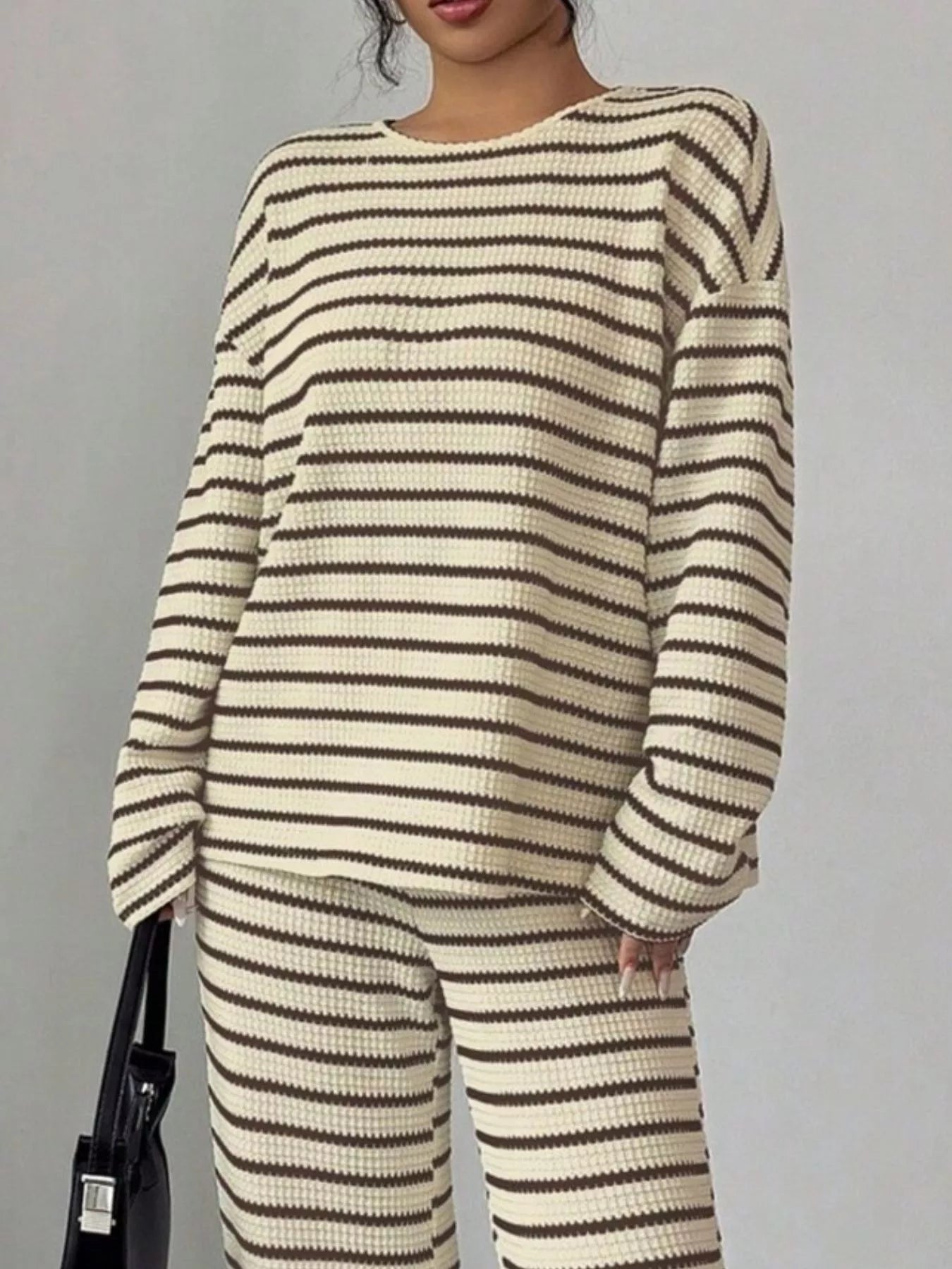 Striped Knit Dropped Shoulder Top and Pants Set