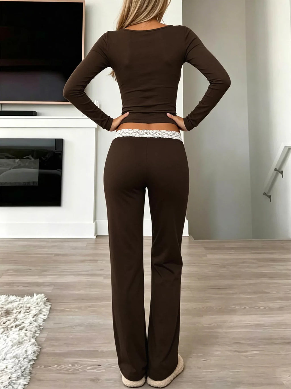 Long Sleeve Lace Trim Crop Top and Wide Leg Pants Set