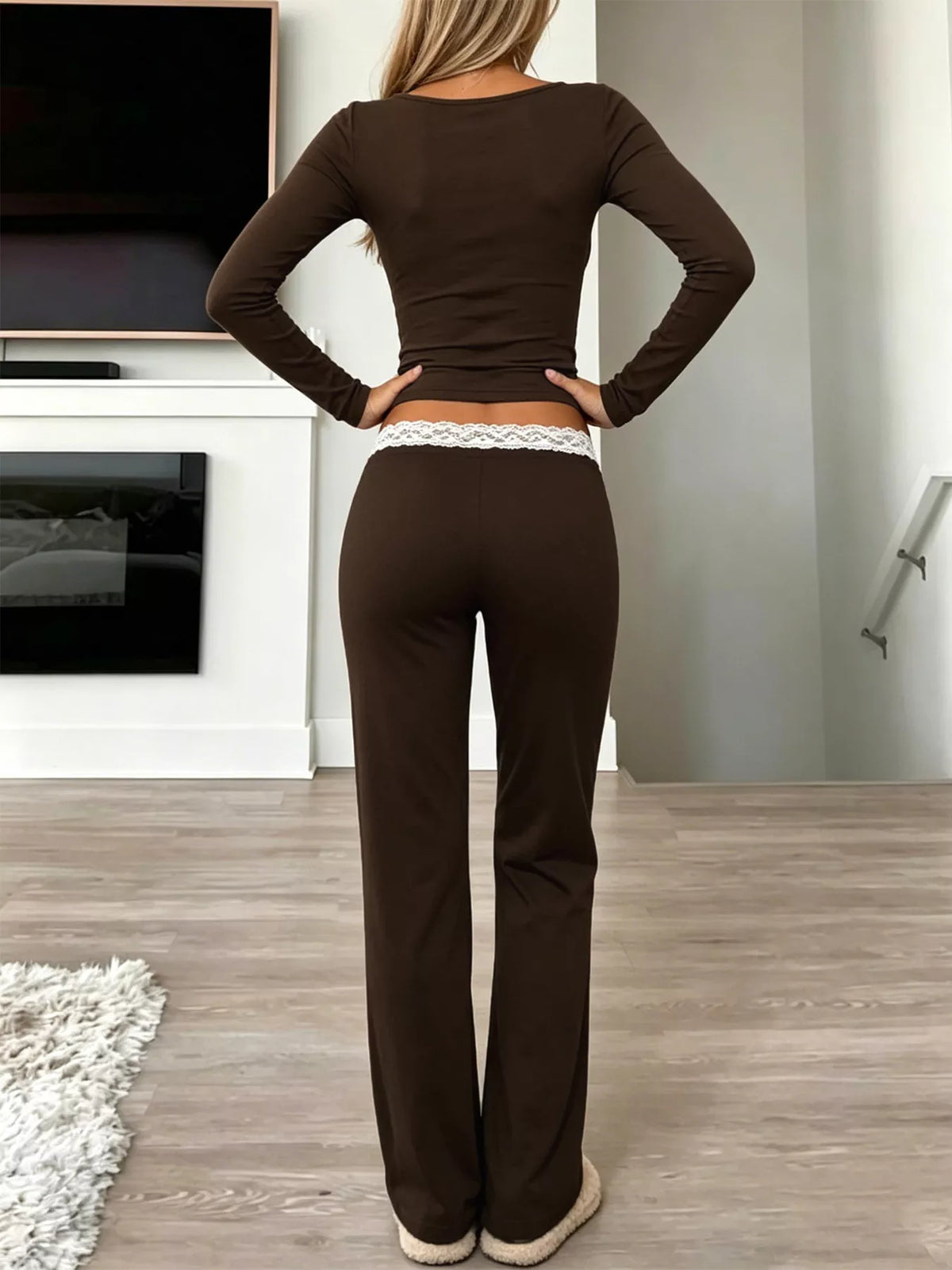 Long Sleeve Lace Trim Crop Top and Wide Leg Pants Set